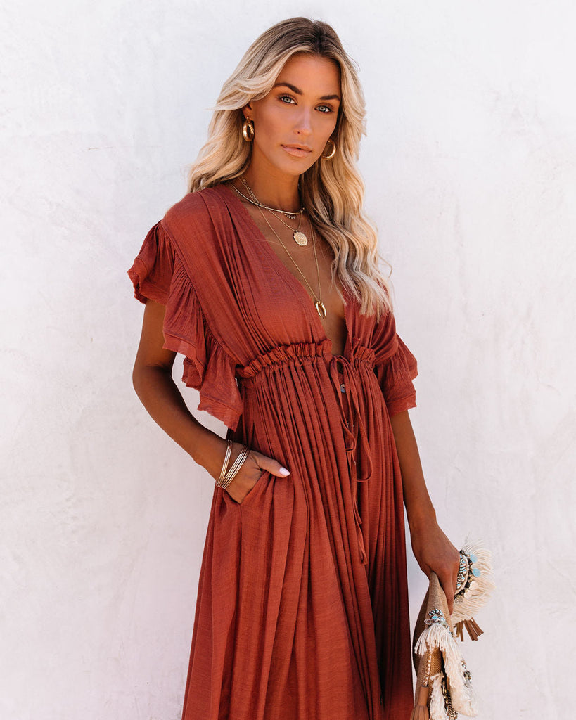 Anika Pocketed Button Down Ruffle Maxi Dress - Terracotta – InsStreet