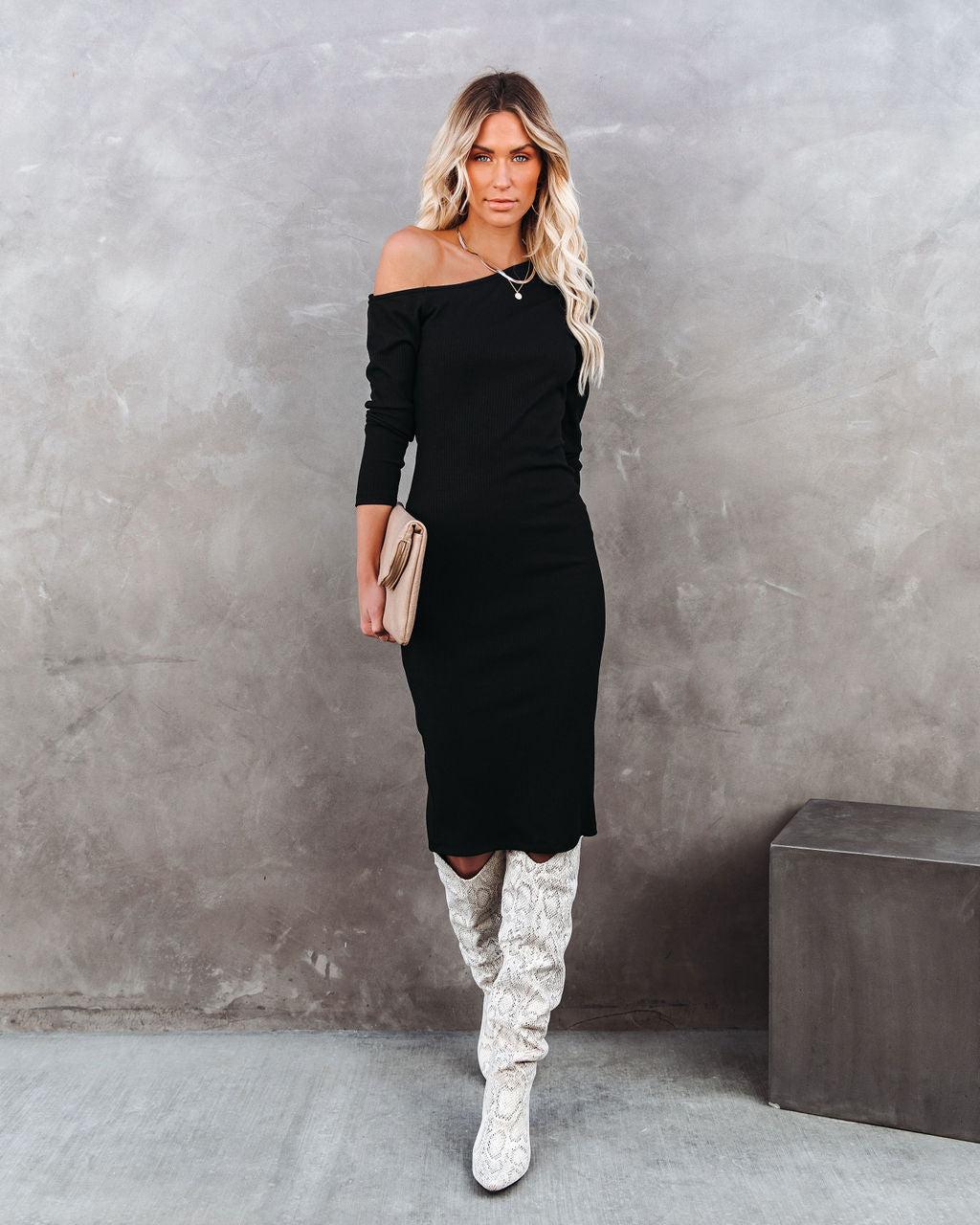 Arielle Off The Shoulder Ribbed Knit Midi Dress - FINAL SALE InsStreet