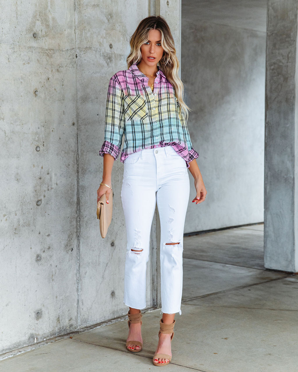 Arty Cotton Tie Dye Plaid Button Down Top - FINAL SALE InsStreet