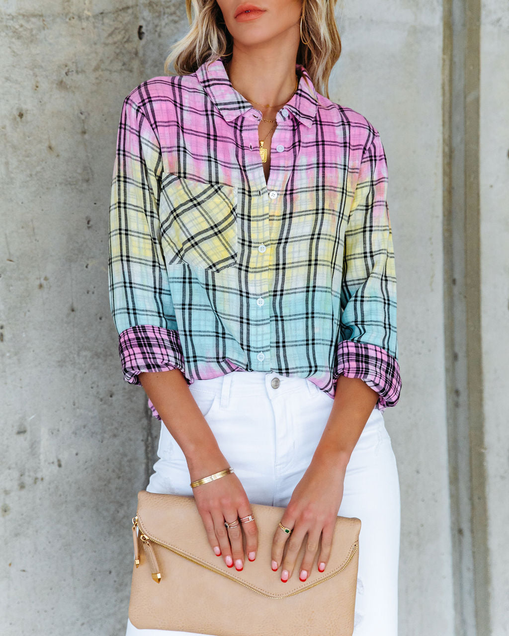 Arty Cotton Tie Dye Plaid Button Down Top - FINAL SALE InsStreet