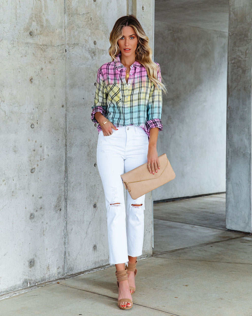 Arty Cotton Tie Dye Plaid Button Down Top - FINAL SALE InsStreet