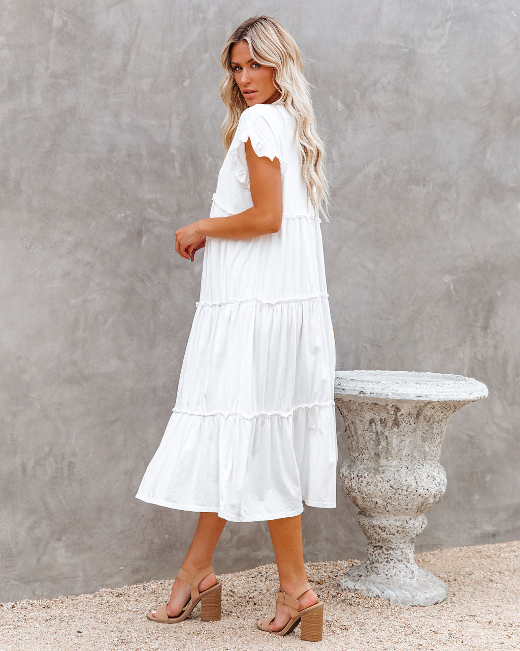 Avalon Cotton Ruffle Tiered Midi Dress - White InsStreet