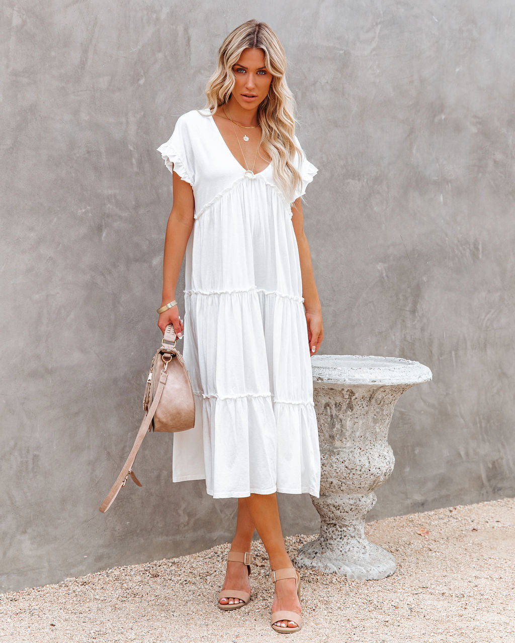 Avalon Cotton Ruffle Tiered Midi Dress - White InsStreet