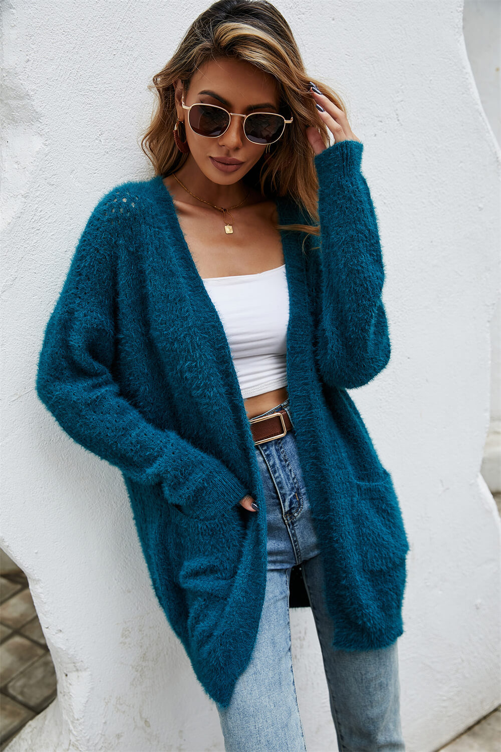 Open Front Openwork Fuzzy Cardigan with Pockets Ins Street