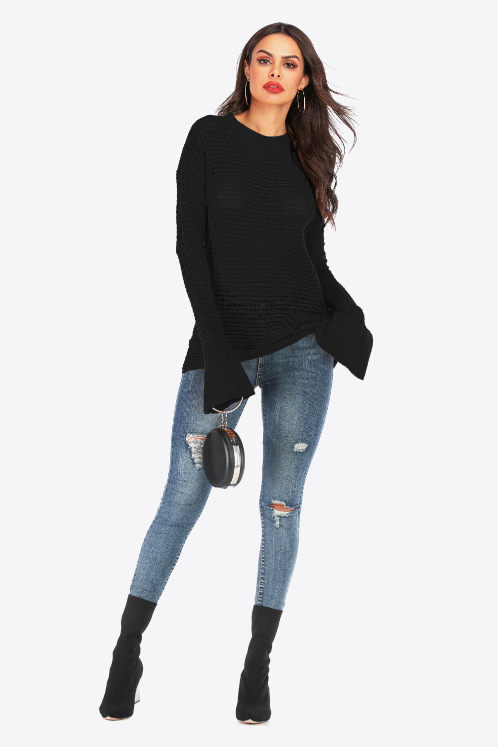 Openwork Flare Sleeve Round Neck Sweater Ins Street