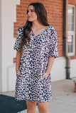 Leopard V-Neck Short Sleeve Mini Dress with Pockets Ins Street