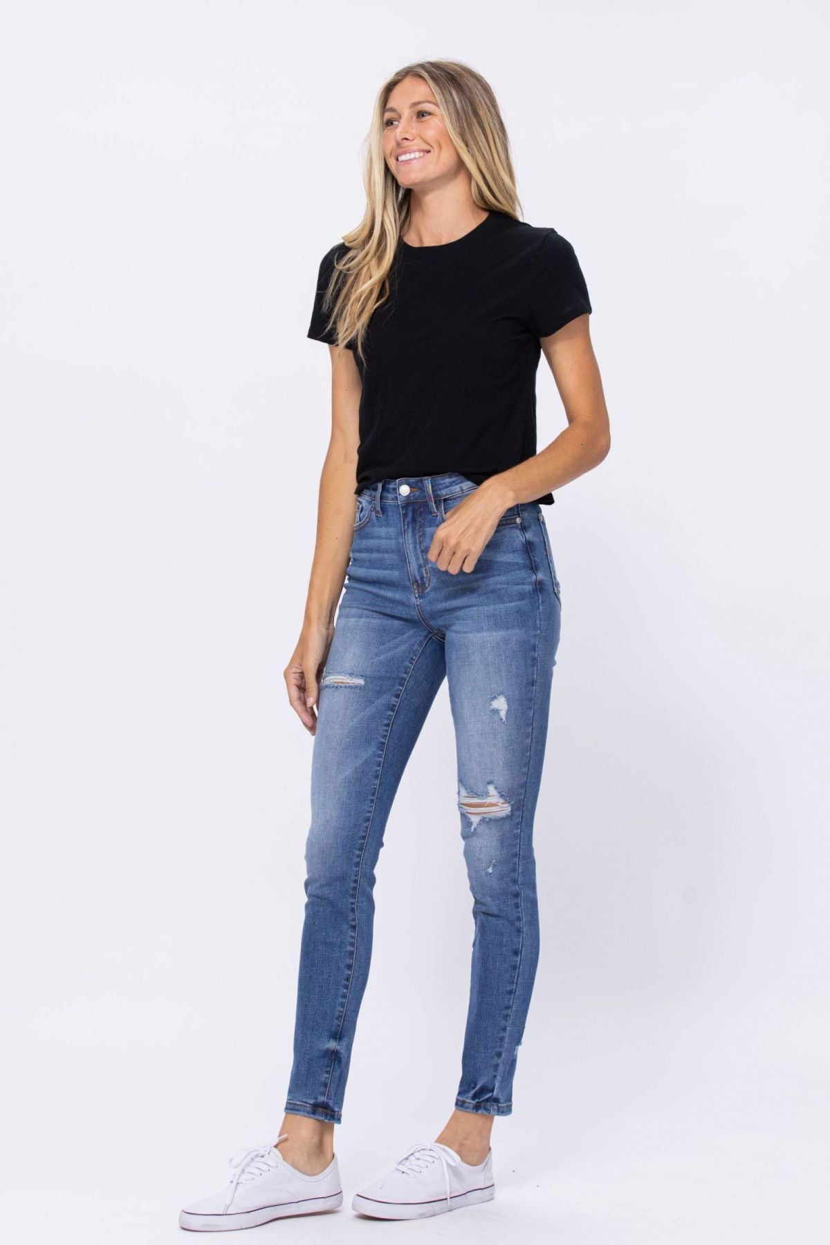 Light Blue Embroidery Pocket Distressed Skinny Jeans Ins Street