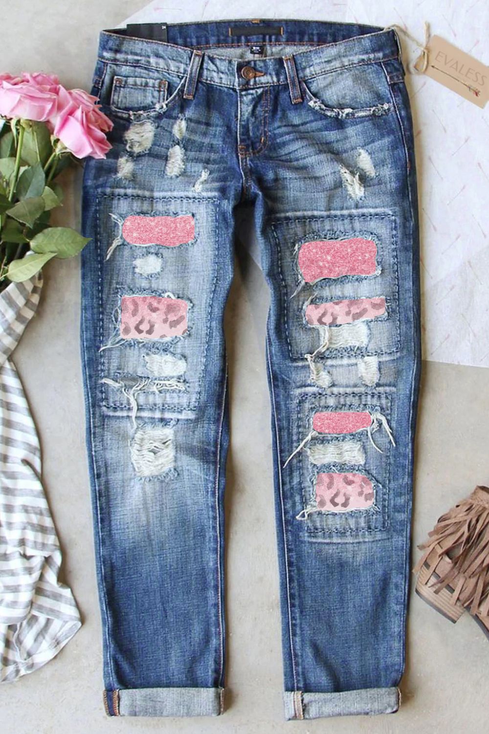 Leopard Patch Distressed Straight Leg Jeans Ins Street