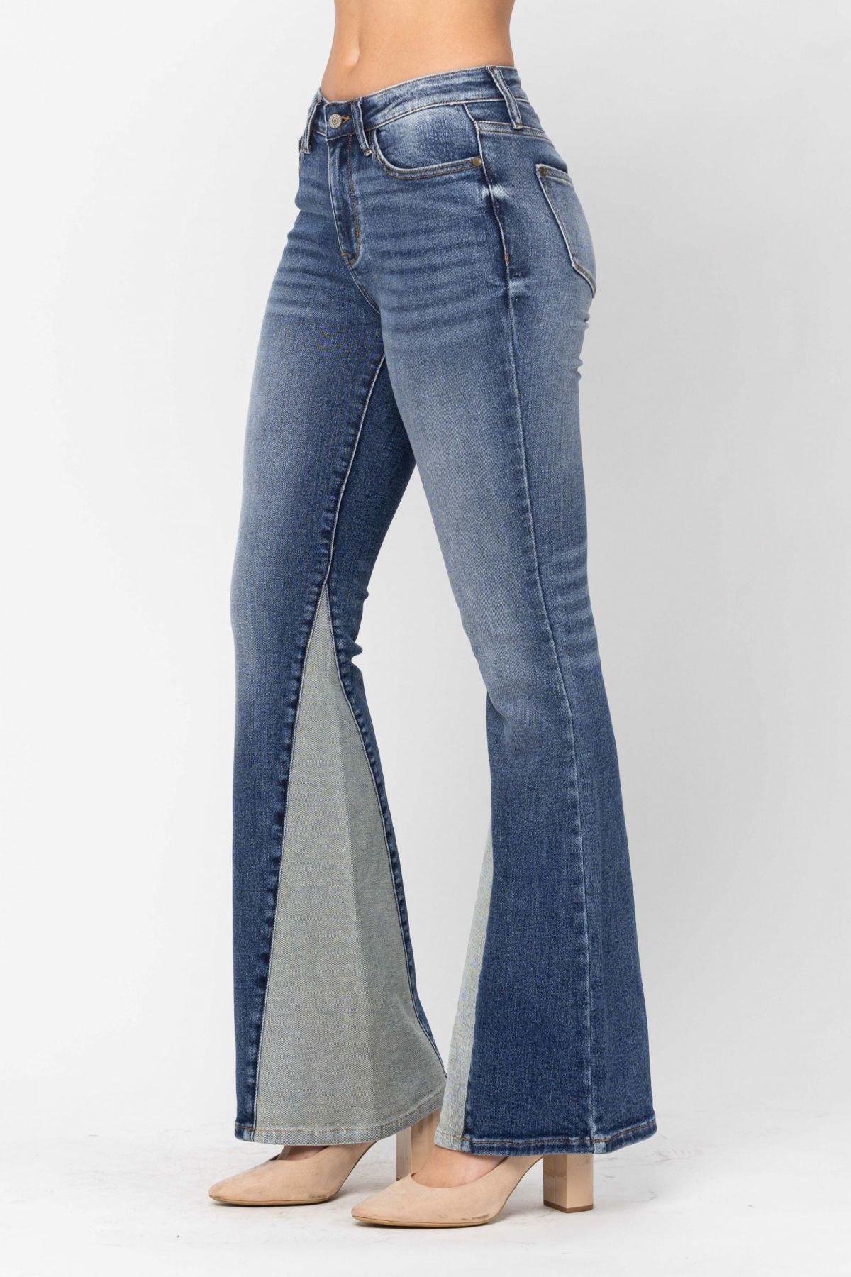 Mid-Rise Two Tone Panel Flare Jeans Ins Street