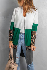 Leopard Color Block Open Front Longline Cardigan Ins Street