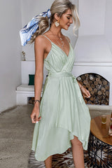Simplee Casual Green V-neck Strap Midi Women Dress 2021 Asymmetrical Belt Holiday A-line Summer Dress Sleeveless Party Vestidos Ins street