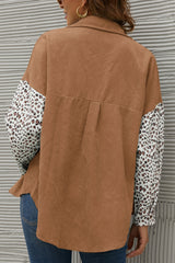 Leopard Splicing Button Front Corduroy Blouse Ins Street