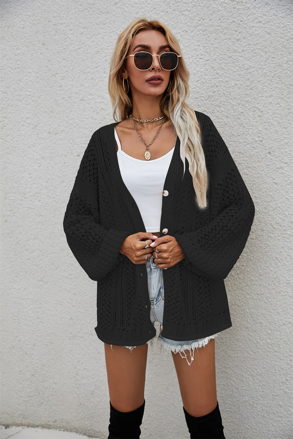 Openwork V-Neck Dropped Shoulder Cardigan Ins Street