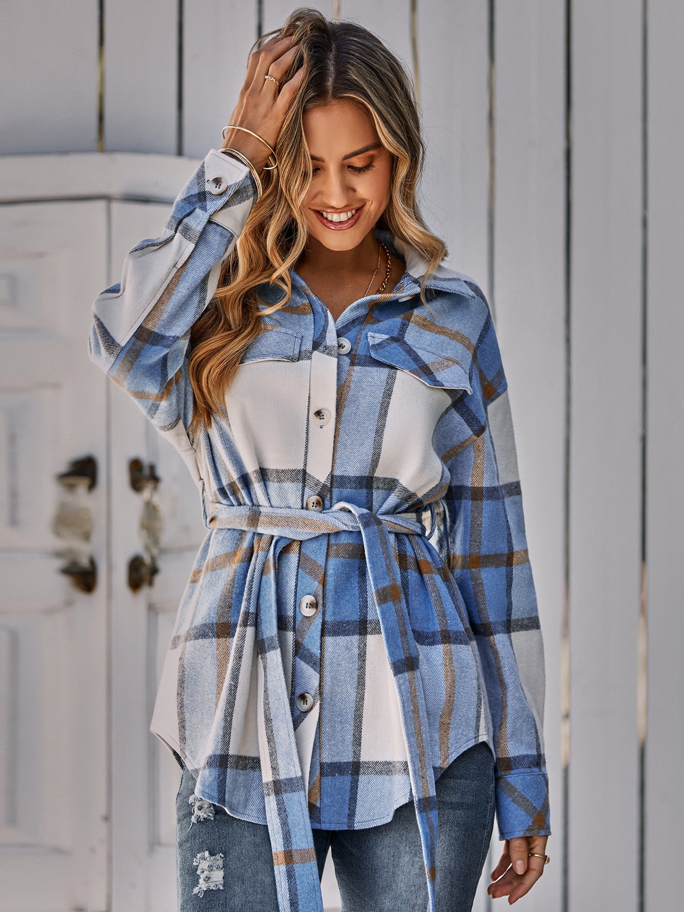 Plaid Belted Dropped Shoulder Shirt Jacket Ins Street