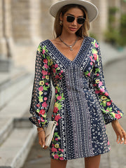 Mixed Print V-Neck Balloon Sleeve Dress Ins Street