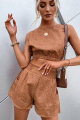 Brown Sleeveless Crop Top & Shorts Two-Piece Set Ins street