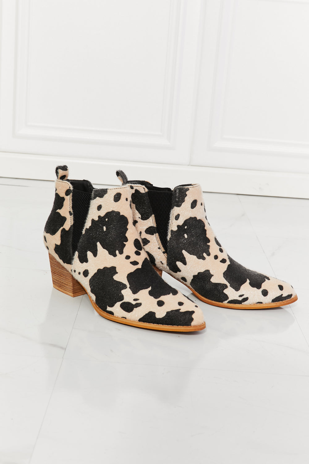 MMShoes Back At It Point Toe Bootie in Beige Cow Print Ins Street