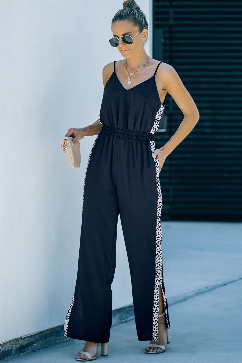 Leopard Contrast Spaghetti Strap Wide Leg Jumpsuit Ins Street