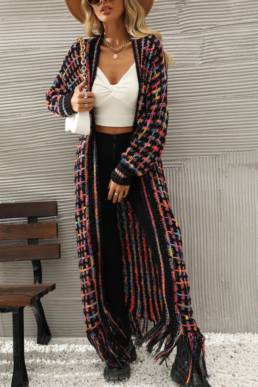 Multicolored Open Front Fringe Hem Cardigan Ins Street