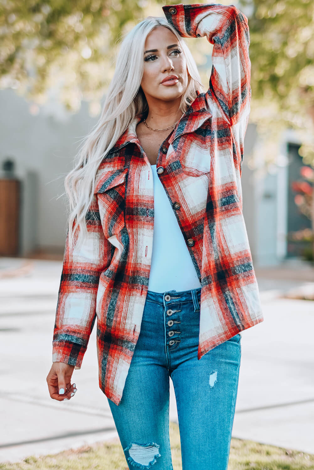 Plaid Button Up Shirt Jacket with Pockets Ins Street