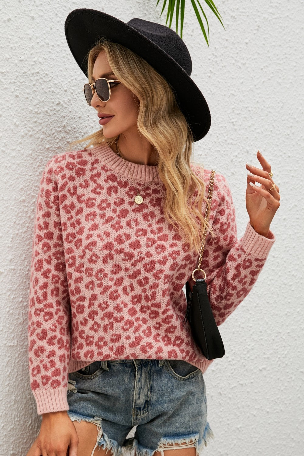 Leopard Ribbed Trim Round Neck Sweater Ins Street