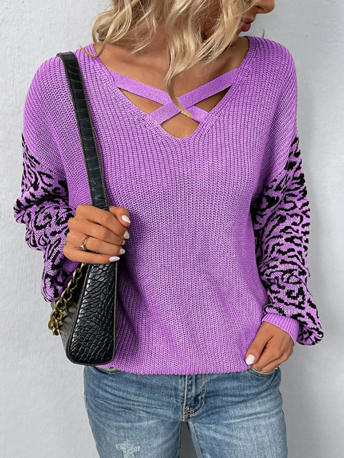 Leopard Lantern Sleeve Crisscross Sweater Ins Street