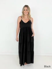 New Colors - Zenana V-Neck Cami Maxi Tiered Dress with Side Pockets Kiwidrop