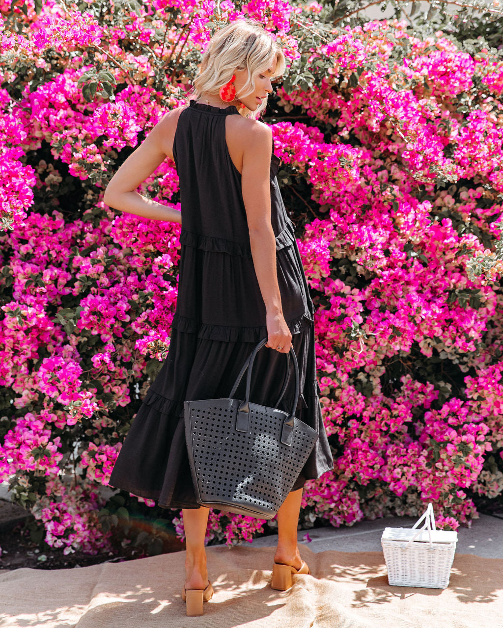 Ballard Cotton Blend Pocketed Tiered Midi Dress - Black InsStreet