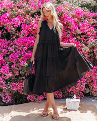 Ballard Cotton Blend Pocketed Tiered Midi Dress - Black InsStreet