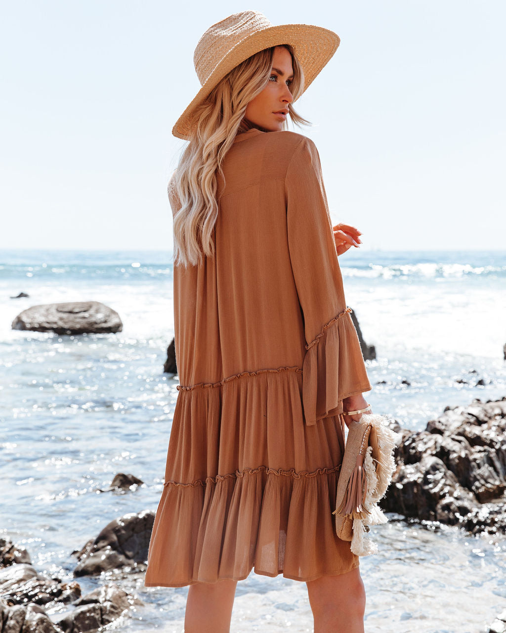 Barefoot On The Beach Pocketed Tiered Tunic - Caramel InsStreet