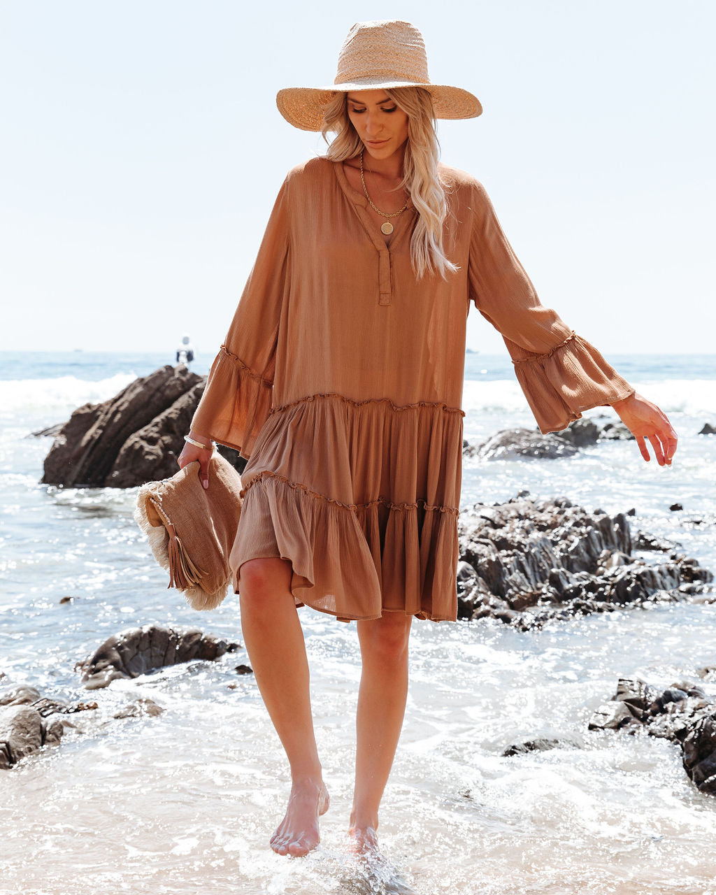 Barefoot On The Beach Pocketed Tiered Tunic - Caramel InsStreet