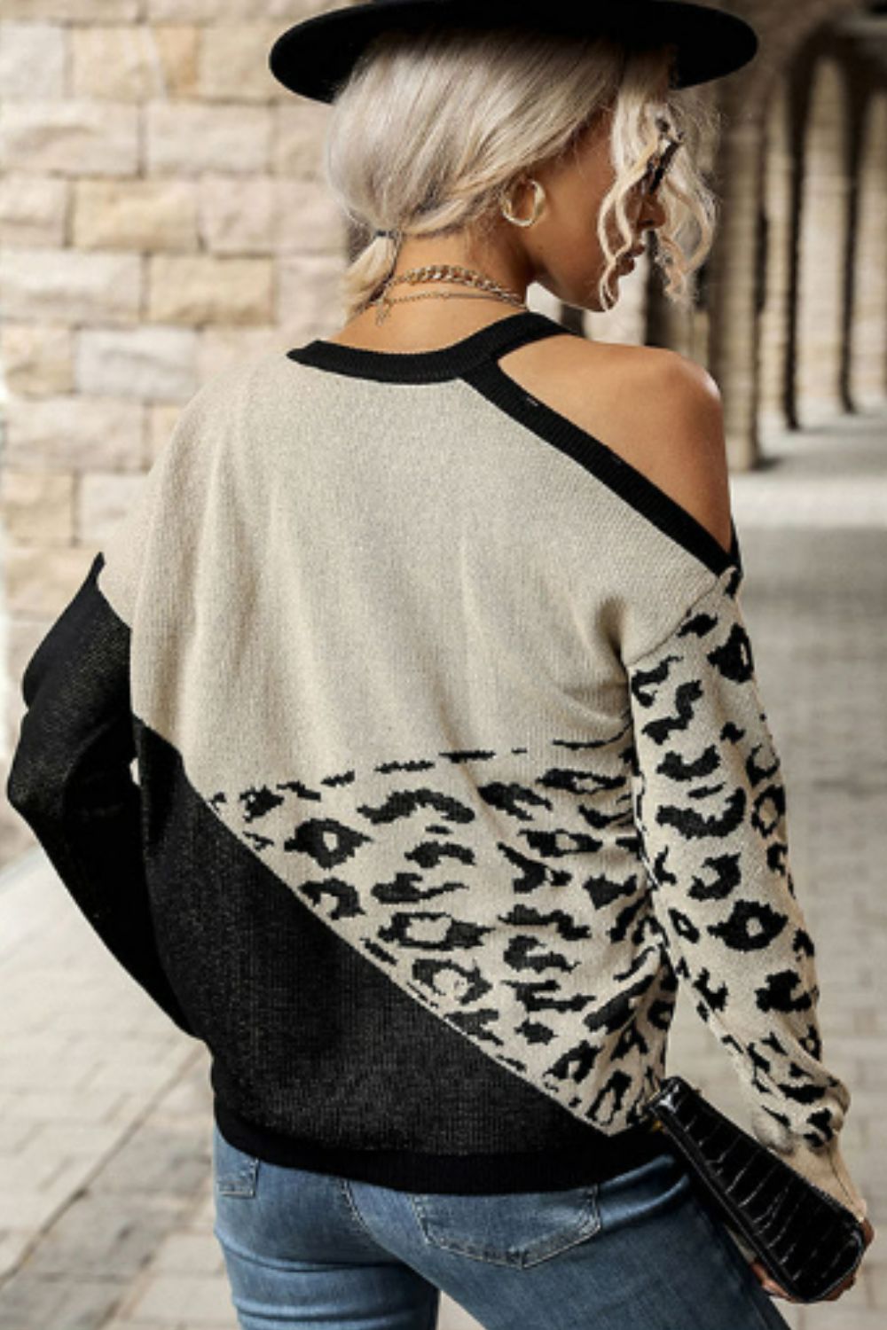 Leopard Color Block Cold-Shoulder Sweater Ins Street