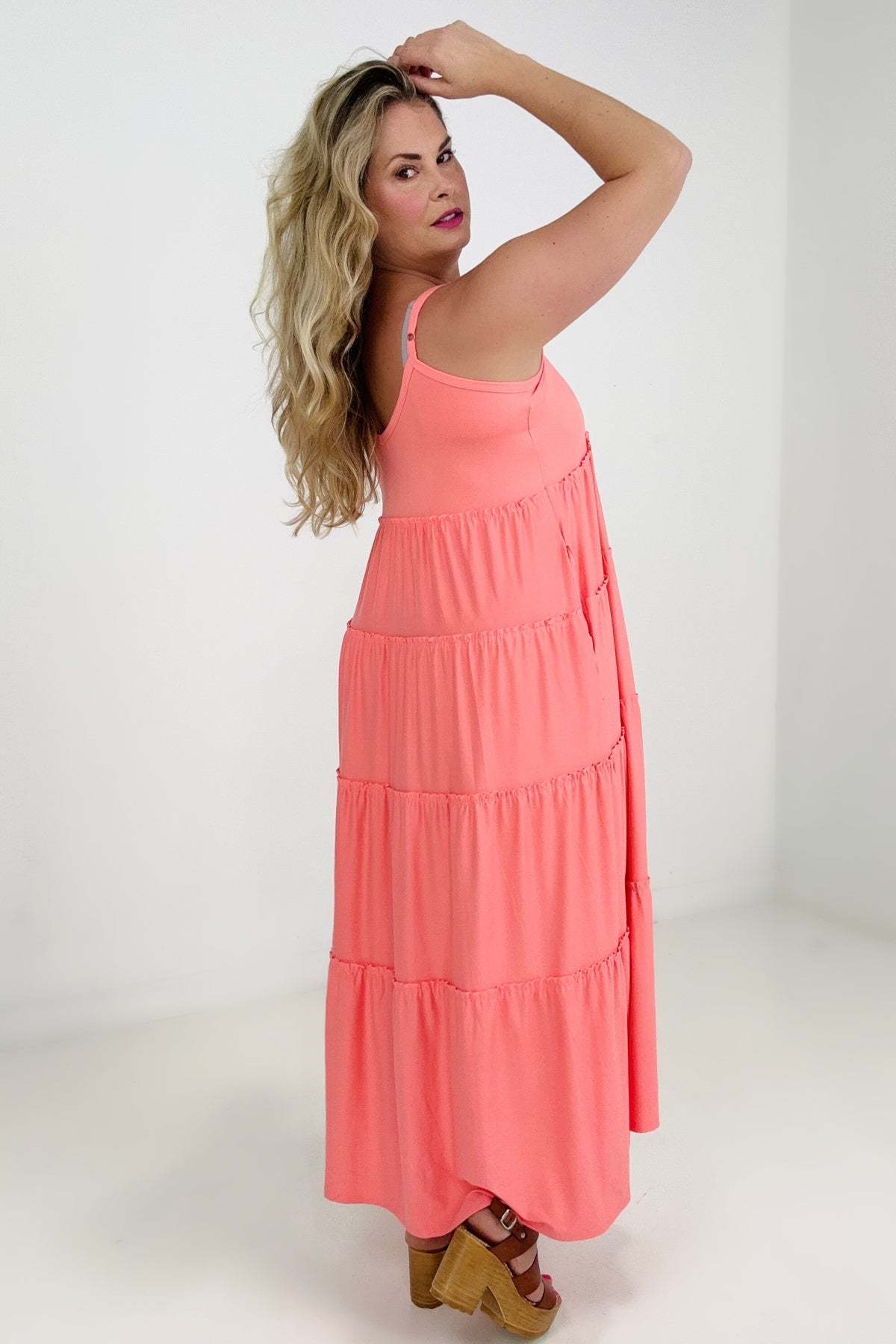 New Colors - Zenana V-Neck Cami Maxi Tiered Dress with Side Pockets Kiwidrop