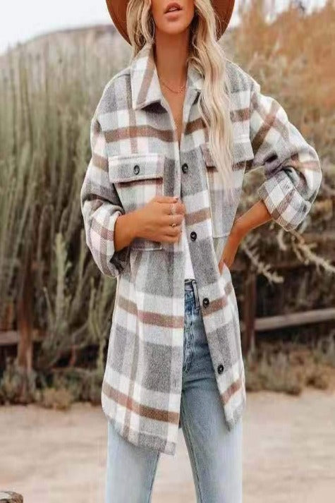 Women's Long Sleeve Loose Woolen Plaid Shirt Jacket Ins street