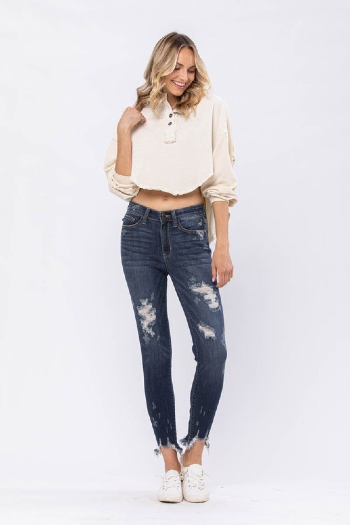 Mid-Rise Destroyed Hem Shark Bite Skinny Jeans Ins Street