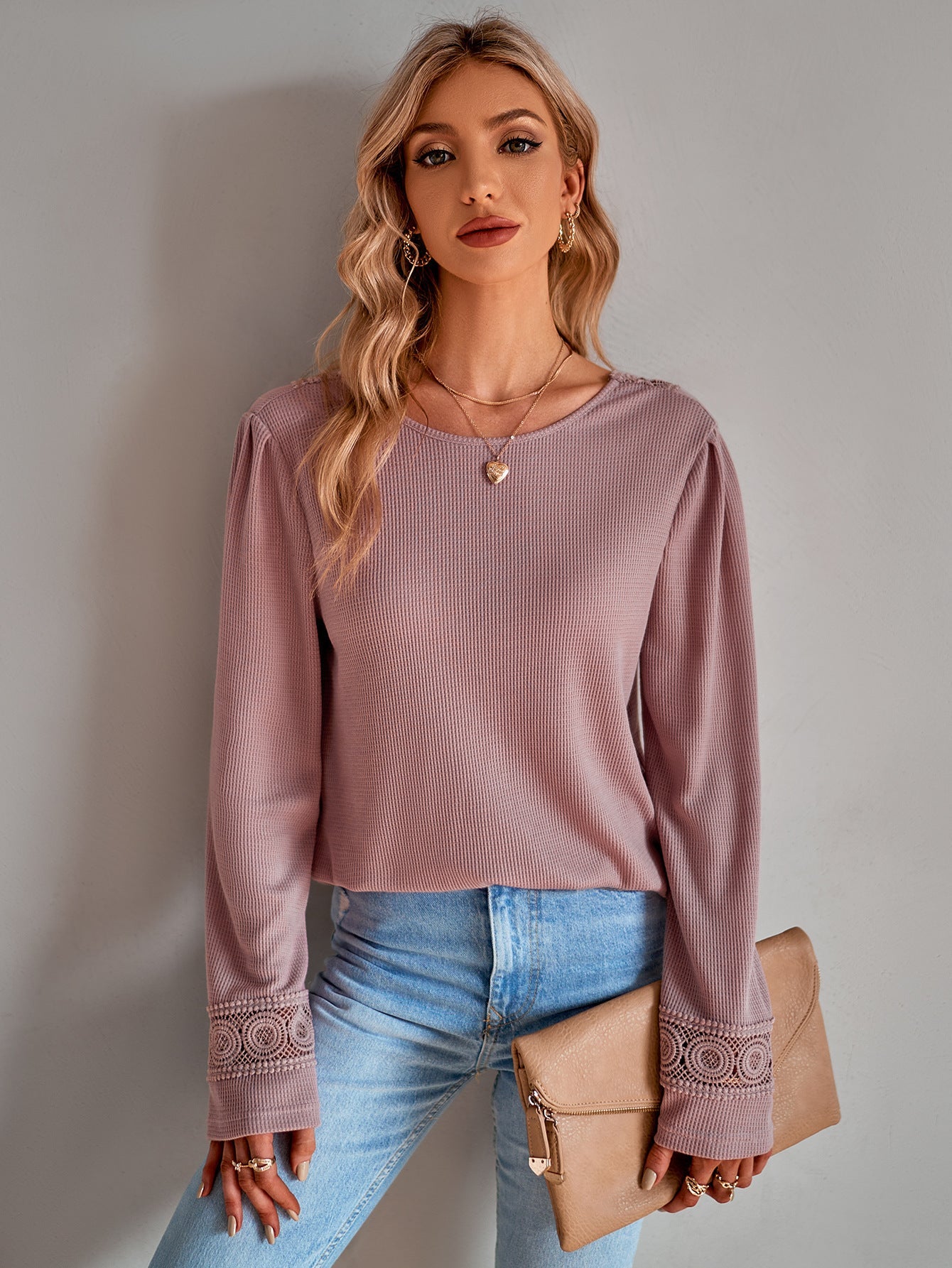 Lace Trim Waffle-Knit Round Neck Top Ins Street