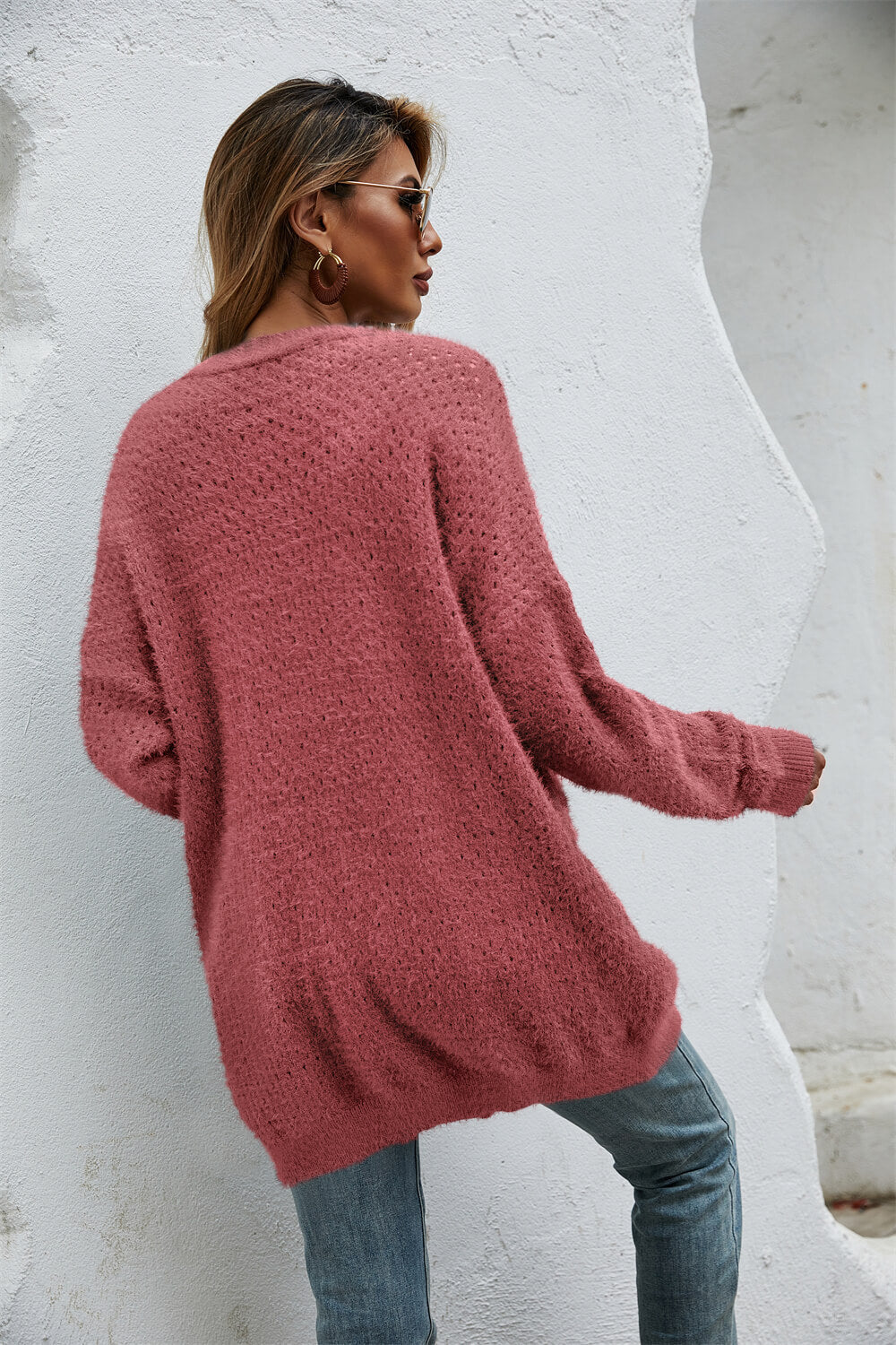 Open Front Openwork Fuzzy Cardigan with Pockets Ins Street