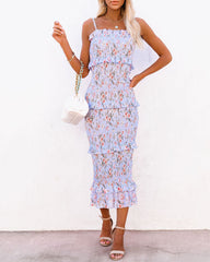 Be My Guest Floral Smocked Ruffle Midi Dress - Blue InsStreet