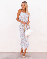 Be My Guest Floral Smocked Ruffle Midi Dress - Blue InsStreet