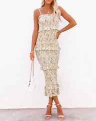 Be My Guest Floral Smocked Ruffle Midi Dress - Sage InsStreet