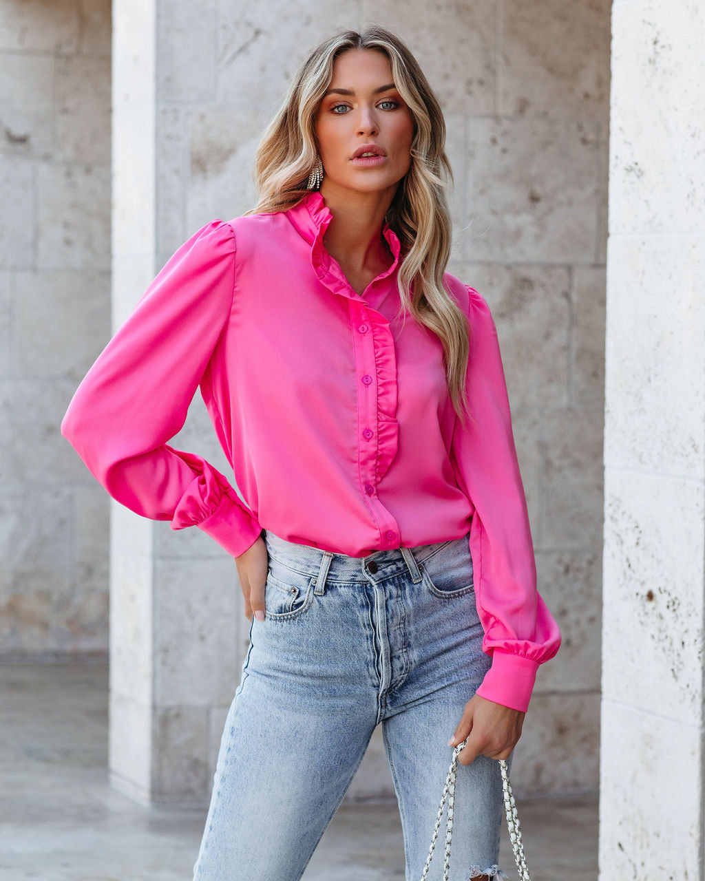 Bessy Button Down Ruffle Blouse - Pink InsStreet