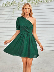 One-Shoulder Puff Sleeve A-Line Dress Ins Street