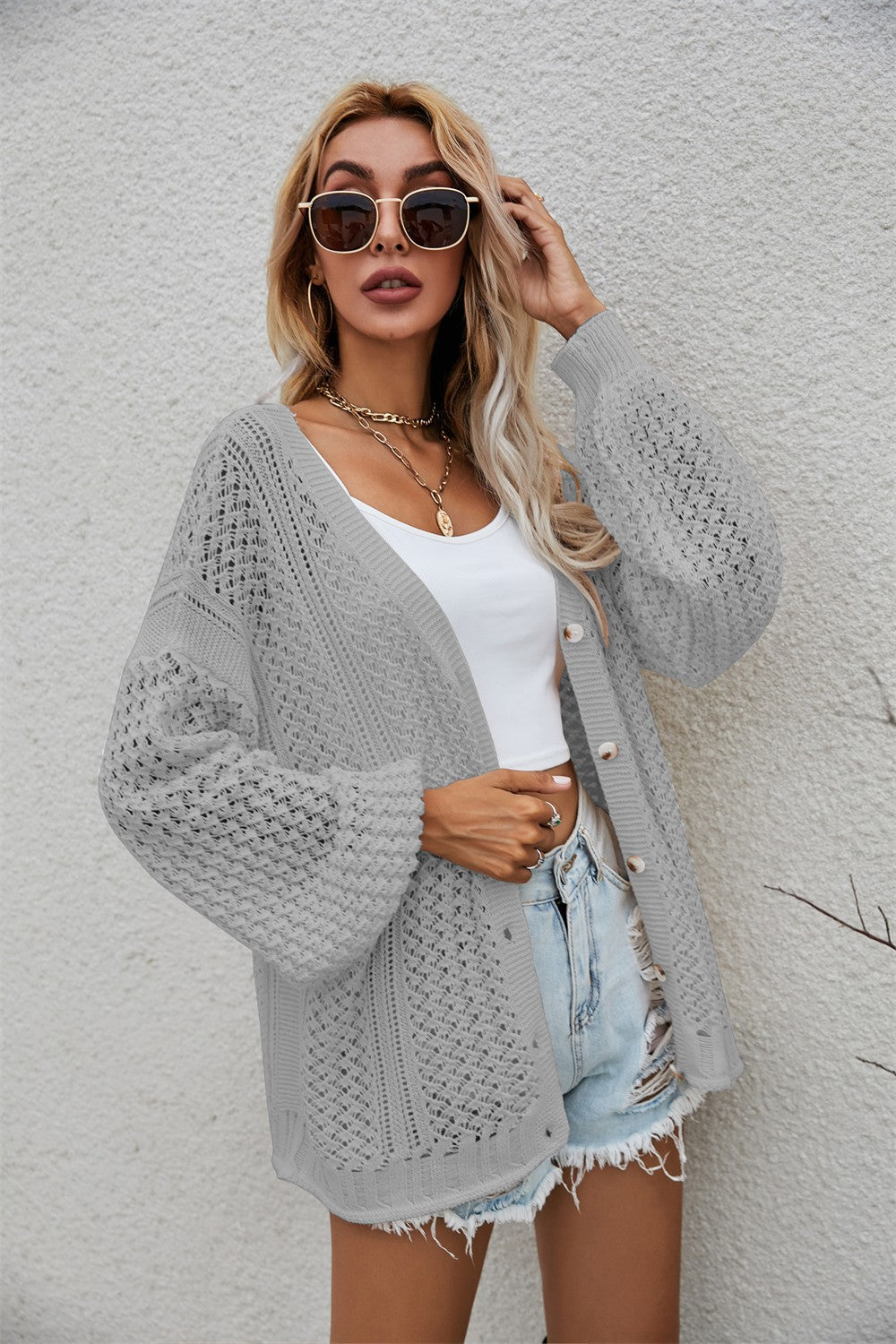 Openwork V-Neck Dropped Shoulder Cardigan Ins Street