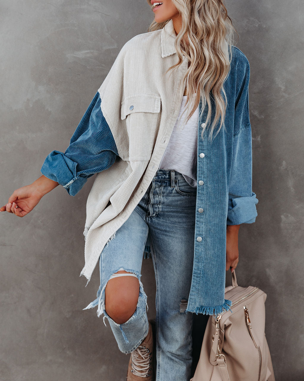Birch Cotton Corduroy Colorblock Shacket - Blue InsStreet