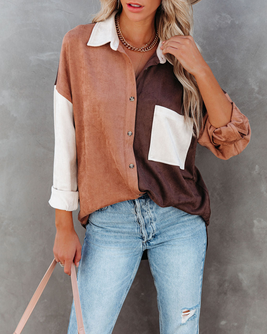 Blithe Faux Suede Colorblock Button Down Top - FINAL SALE InsStreet