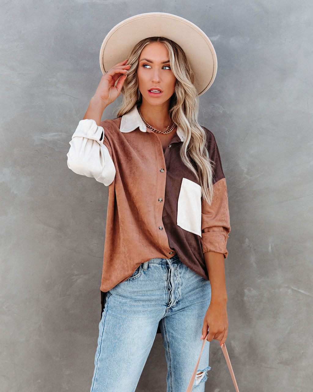 Blithe Faux Suede Colorblock Button Down Top - FINAL SALE InsStreet