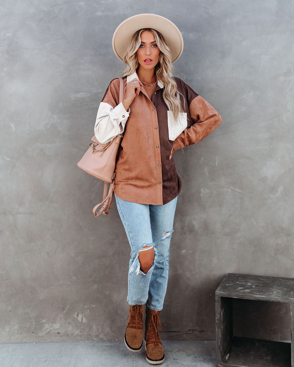 Blithe Faux Suede Colorblock Button Down Top - FINAL SALE InsStreet