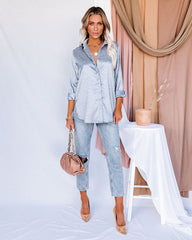 Blue Moon Satin Embossed Button Down Blouse - Slate - FINAL SALE InsStreet