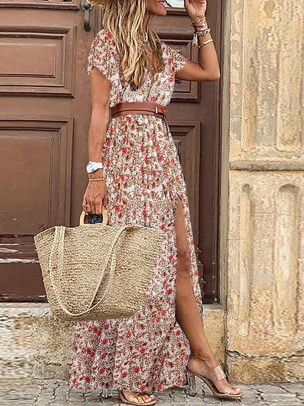 Bohemian Long Short Sleeve Printed V Neck Slit Dress ins