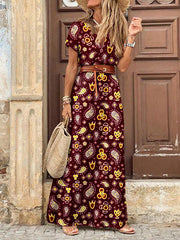 Bohemian Long Short Sleeve Printed V Neck Slit Dress ins